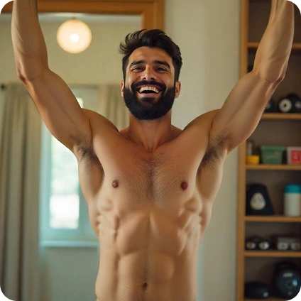 Fitness progress with arms raised in joy